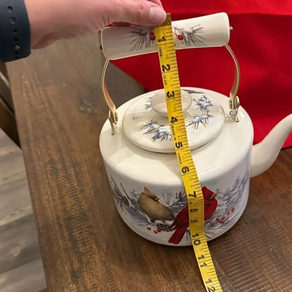 Vintage Lenox winter greetings, enamelware tea pot with a cardinal and chickadee